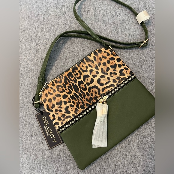 Handbags - New with tags crossbody bag. Forest Green and‎ leopard print.